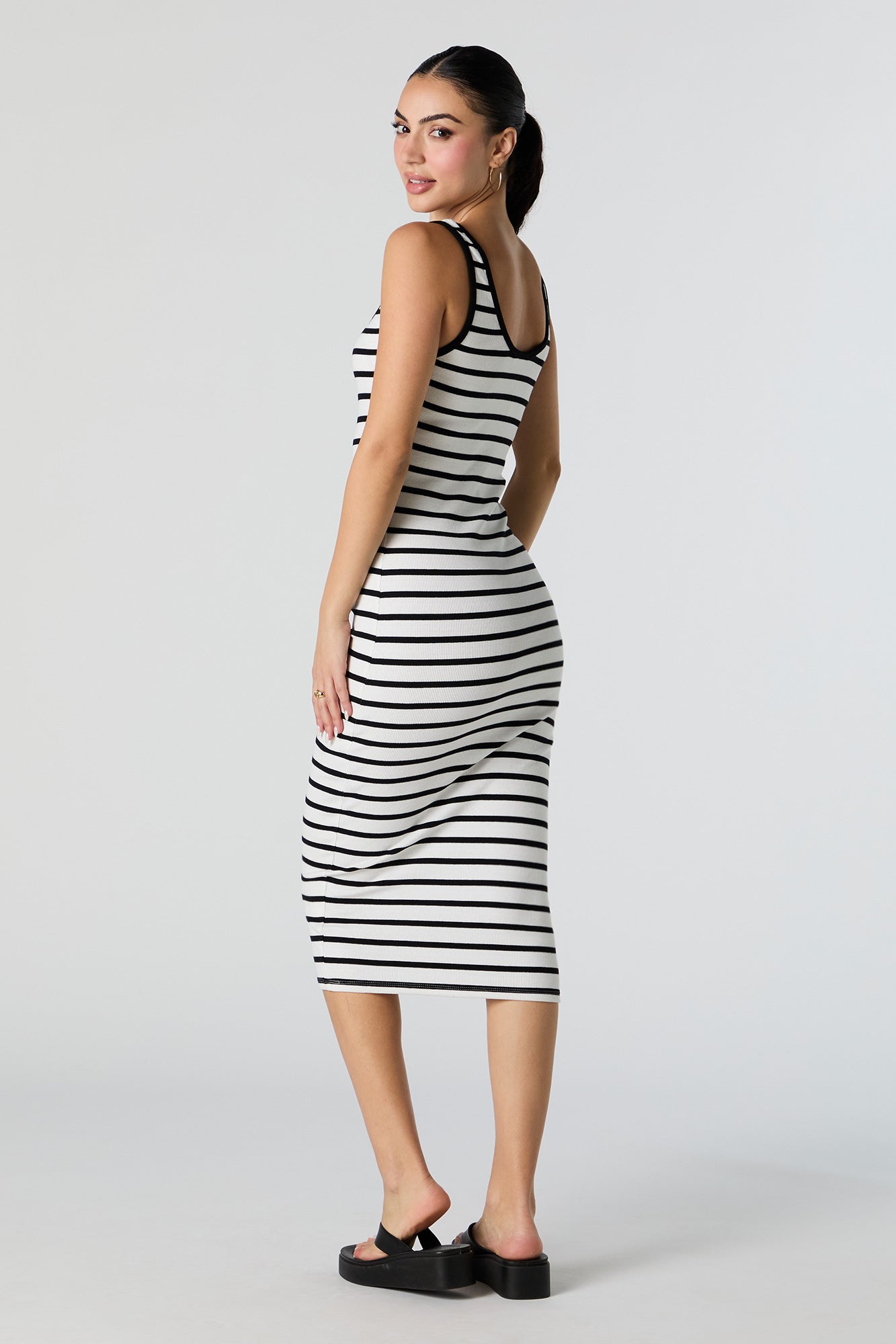 Striped Ribbed Henley Bodycon Midi Dress