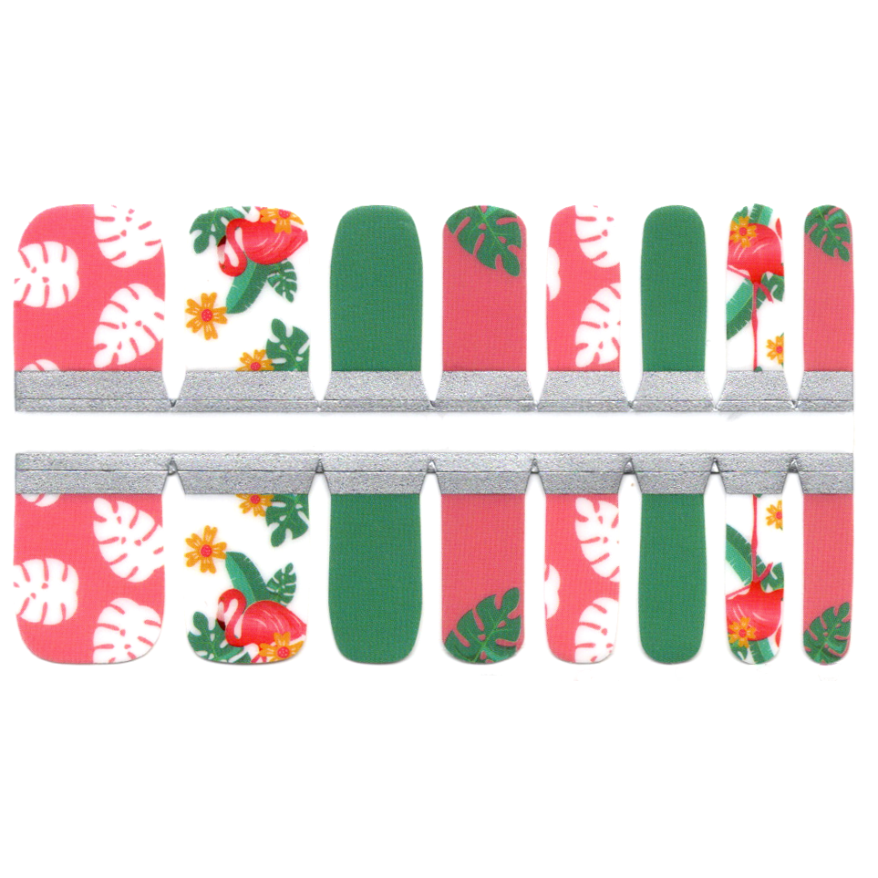 Toe Nails/Kids Nail Wraps Pink and Green Summer Luau Leaves, Flamingo