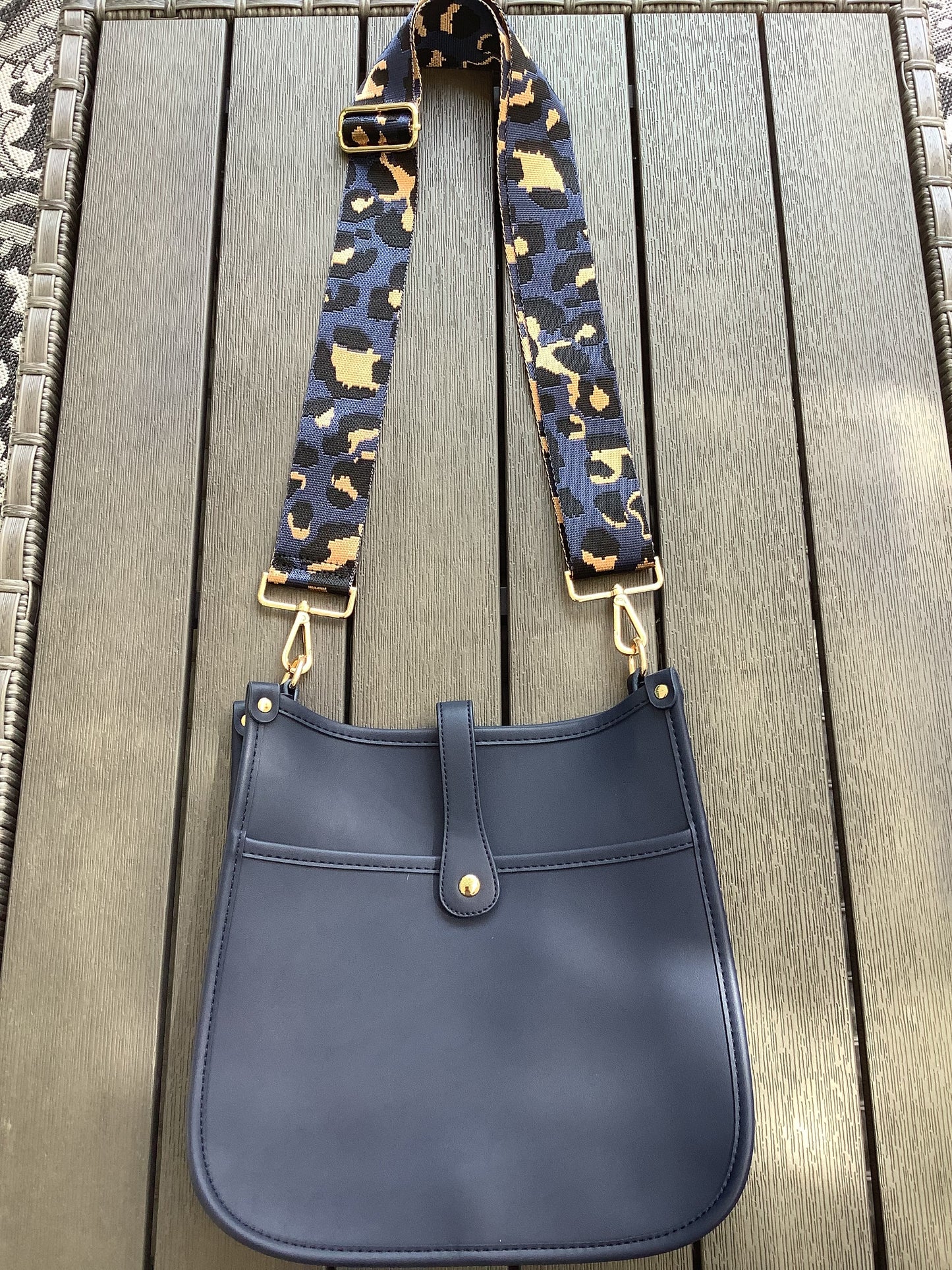 Navy Vegan Leather Messenger Bag with Leopard Strap