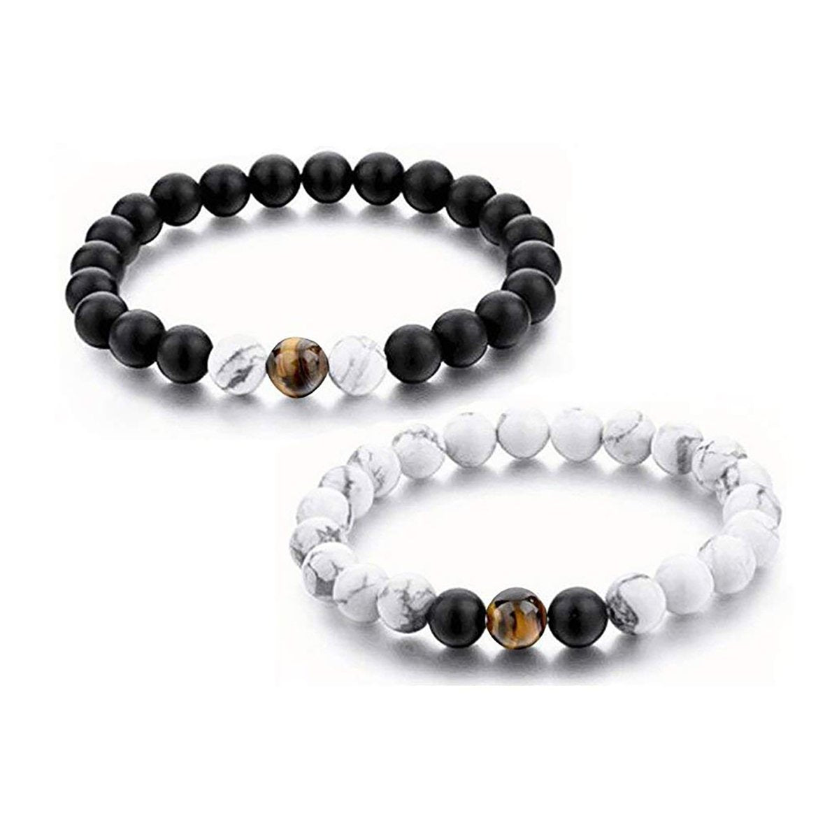 Natural Tiger Eye Hite Onyx Beads Glossy Stretchable Combo Bracelets