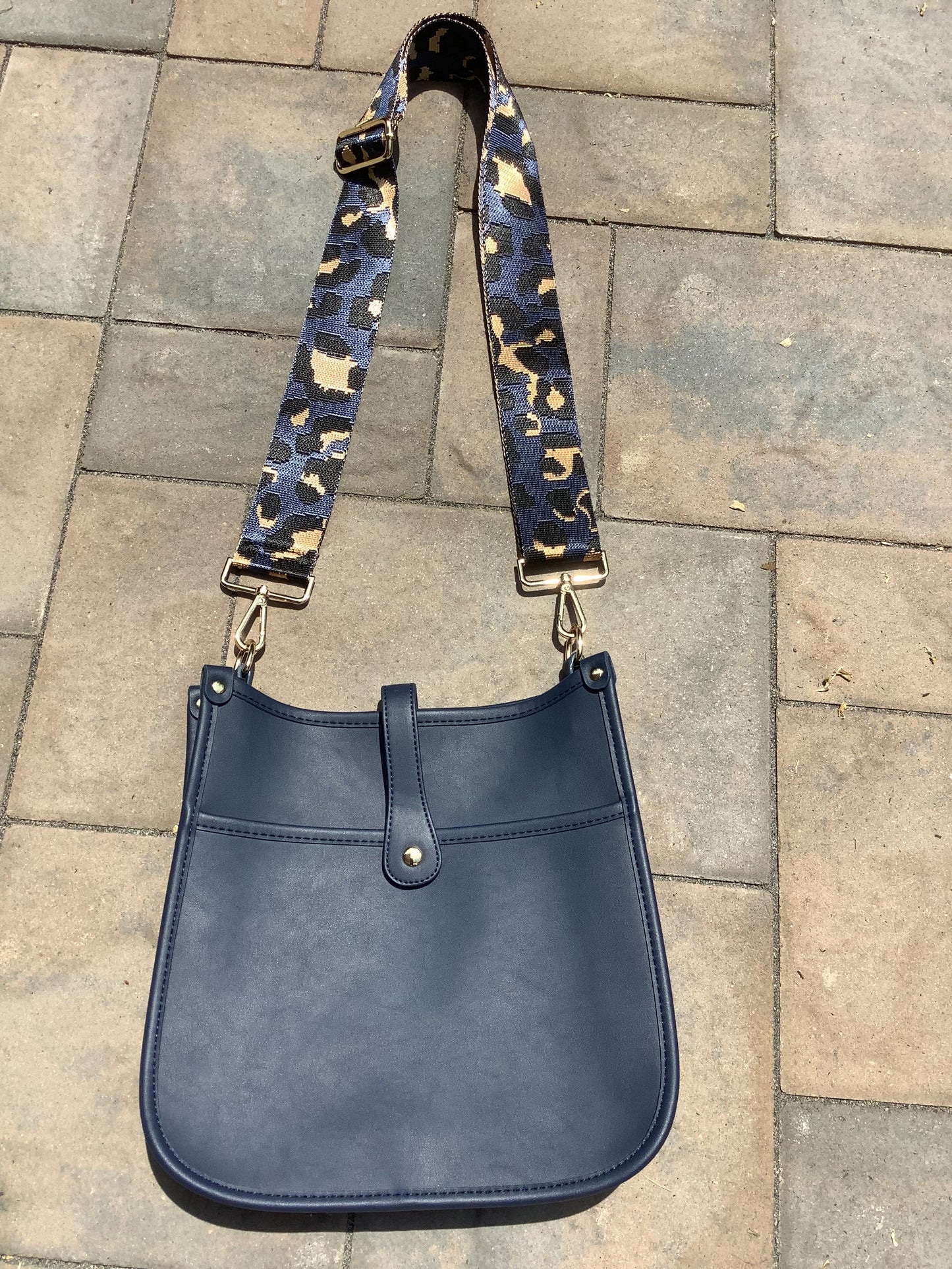 Navy Vegan Leather Messenger Bag with Leopard Strap