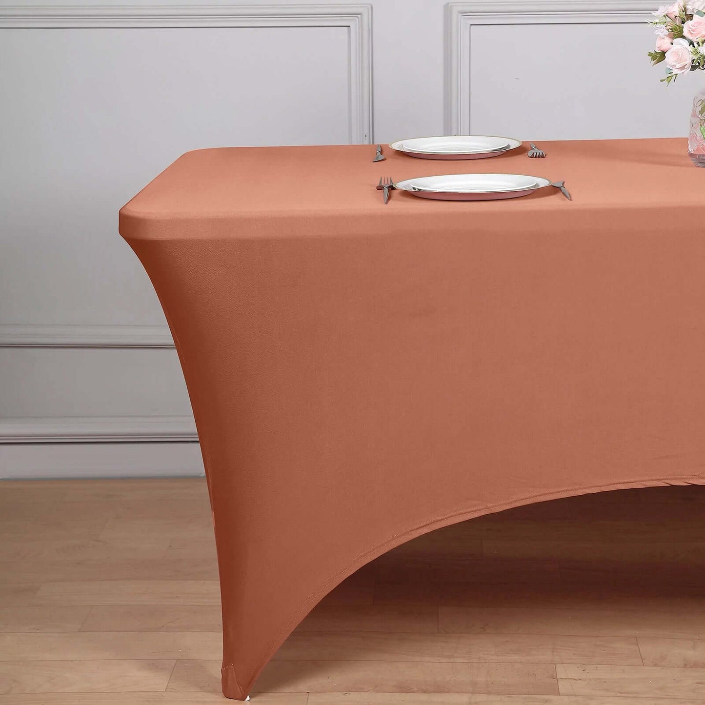 Terracotta (Rust) Stretch Spandex Rectangle Tablecloth 8ft Wrinkle Free Fitted Table Cover for 96"x30" Tables