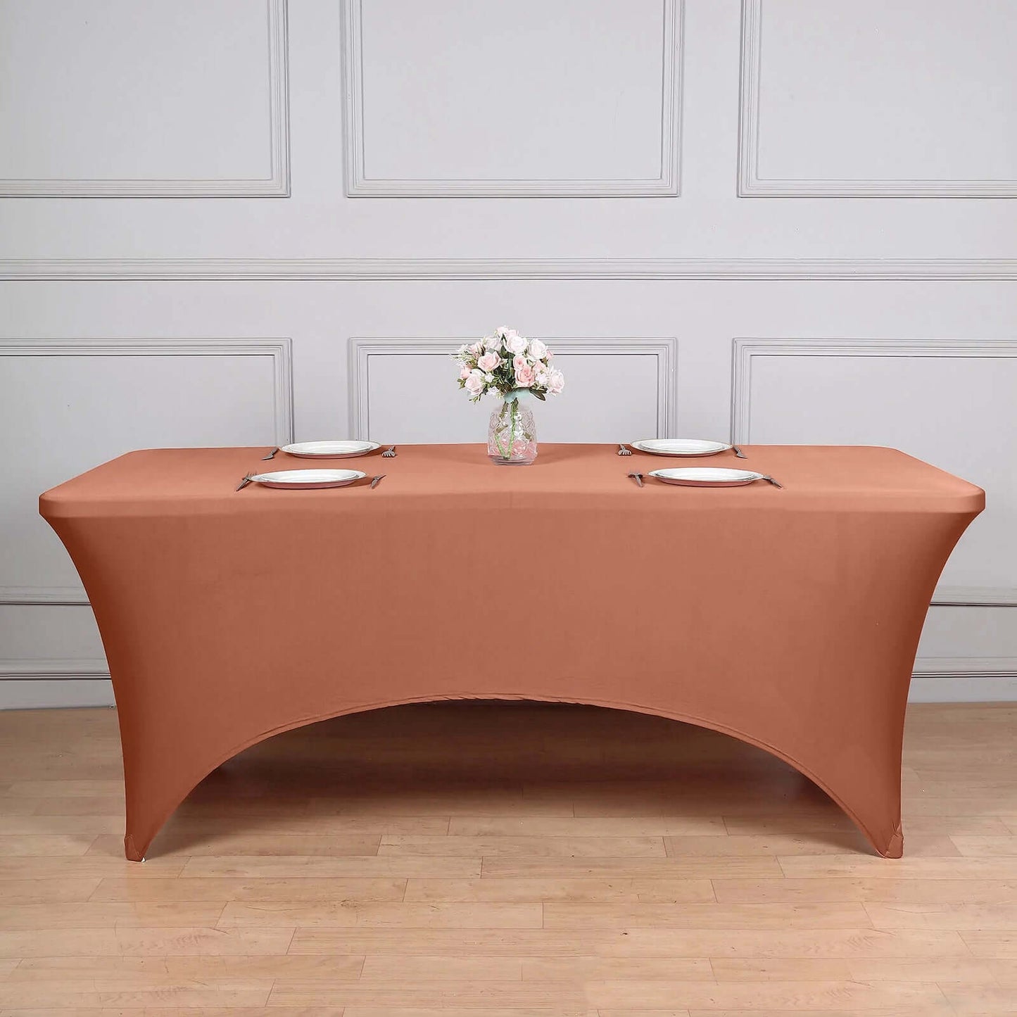 Terracotta (Rust) Stretch Spandex Rectangle Tablecloth 8ft Wrinkle Free Fitted Table Cover for 96"x30" Tables