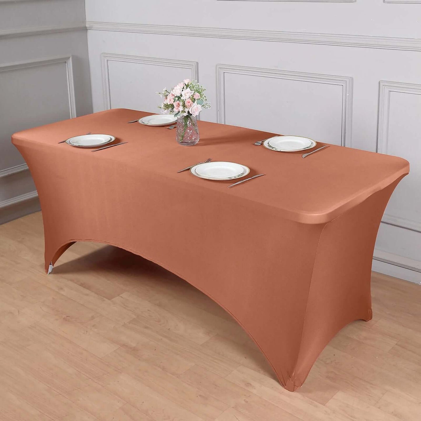 Terracotta (Rust) Stretch Spandex Rectangle Tablecloth 8ft Wrinkle Free Fitted Table Cover for 96"x30" Tables