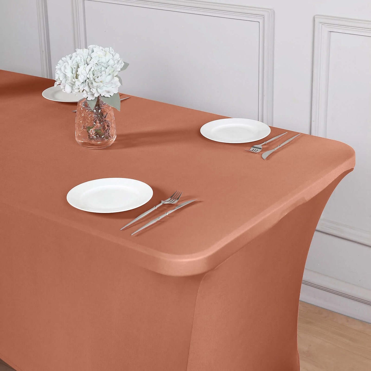 Terracotta (Rust) Stretch Spandex Rectangle Tablecloth 8ft Wrinkle Free Fitted Table Cover for 96"x30" Tables