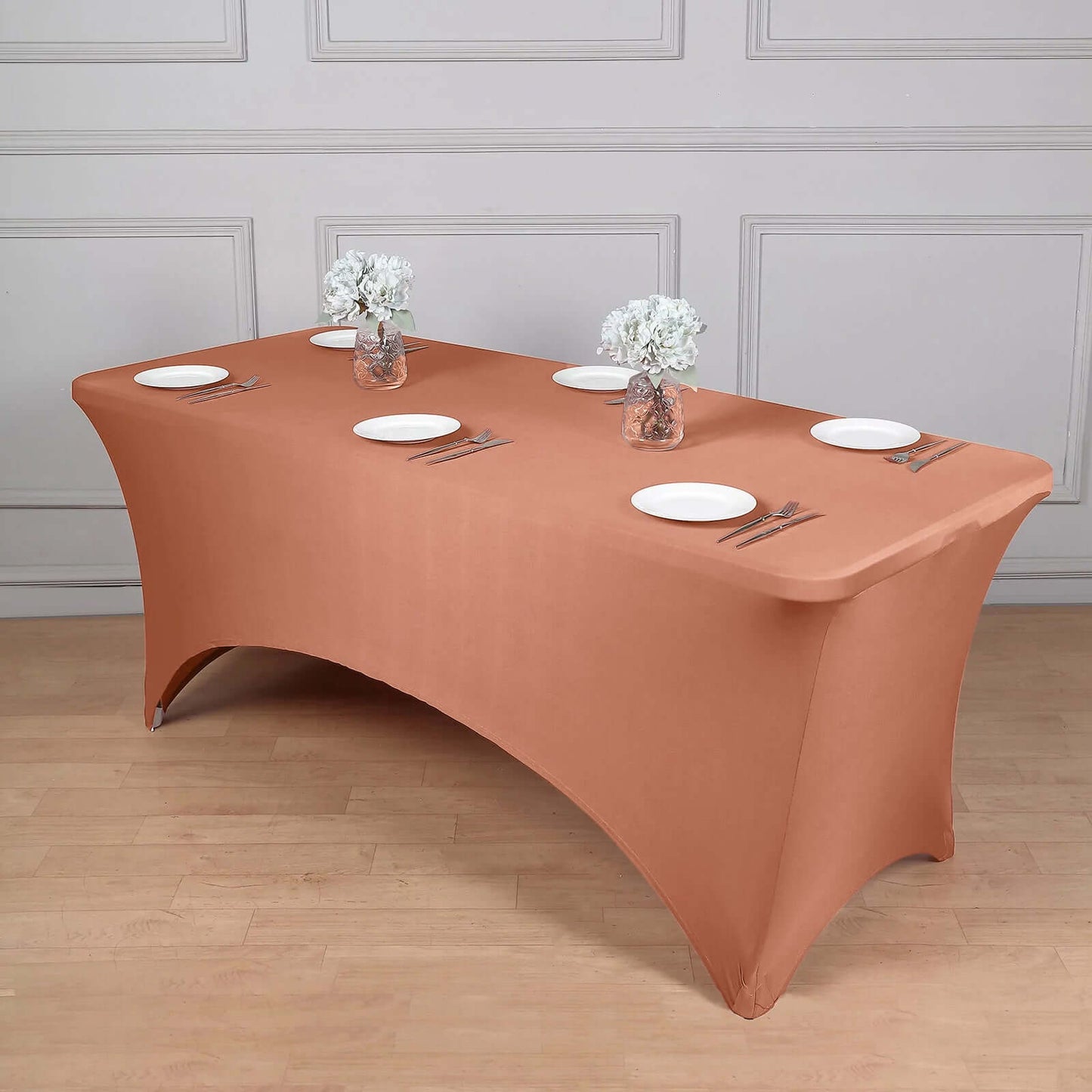 Terracotta (Rust) Stretch Spandex Rectangle Tablecloth 8ft Wrinkle Free Fitted Table Cover for 96"x30" Tables